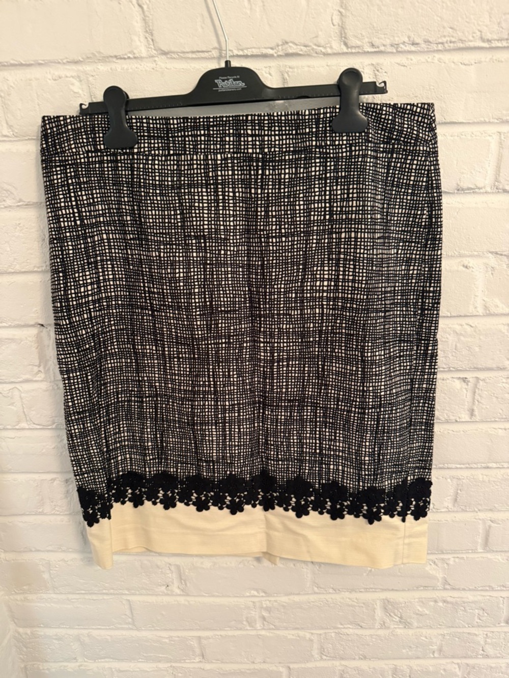 Black and Ivory Patterned Pencil Skirt with Floral Trim